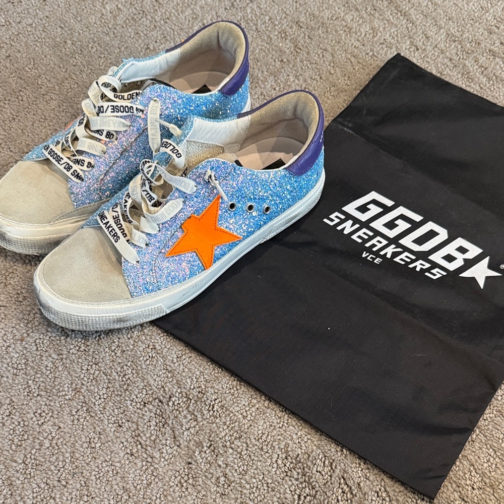 Golden Goose Blue Glitter Sneakers with Orange Star